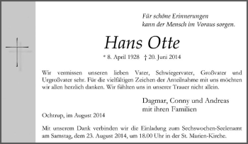 Todesanzeige von Hans Otte von Westfälische Nachrichten