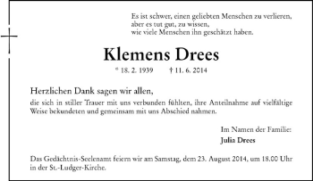 Todesanzeige von Klemens Drees von Westfälische Nachrichten