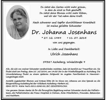 Todesanzeige von Johanna Josenhans von Westfälische Nachrichten
