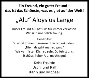 Todesanzeige von Aloysius Franz Lange von Westfälische Nachrichten