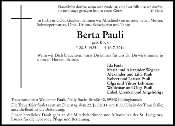 Todesanzeige von Berta Pauli von Westfälische Nachrichten