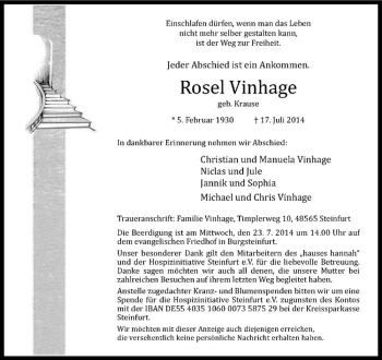 Todesanzeige von Rosel Vinhage von Westfälische Nachrichten