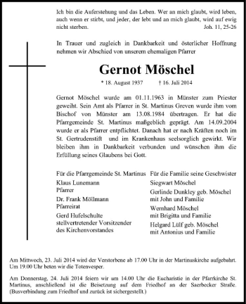 Todesanzeige von Gernot Möschel von Westfälische Nachrichten