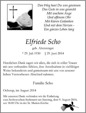Todesanzeige von Elfriede Scho von Westfälische Nachrichten