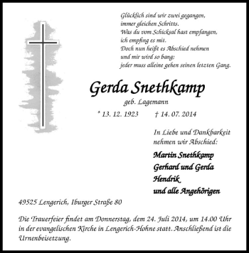 Todesanzeige von Gerda Snethkamp von Westfälische Nachrichten