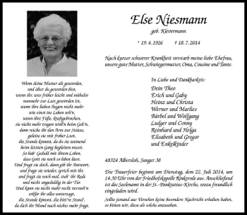 Todesanzeige von Else Niesmann von Westfälische Nachrichten