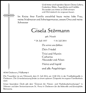 Todesanzeige von Gisela Störmann von Westfälische Nachrichten