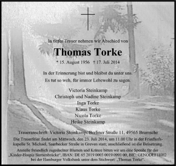 Todesanzeige von Thomas Torke von Westfälische Nachrichten