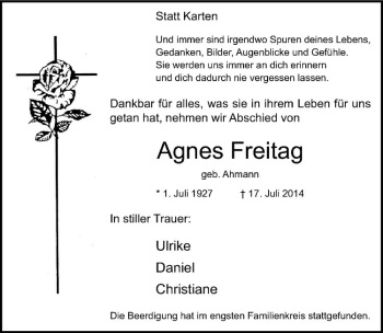 Todesanzeige von Agnes Freitag von Westfälische Nachrichten