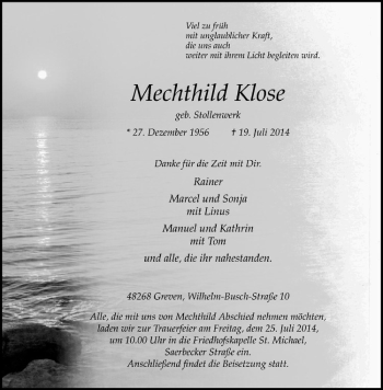 Todesanzeige von Mechthild Klose von Westfälische Nachrichten