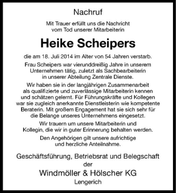 Todesanzeige von Heike Scheipers von Westfälische Nachrichten