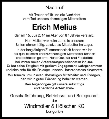 Todesanzeige von Erich Melius von Westfälische Nachrichten