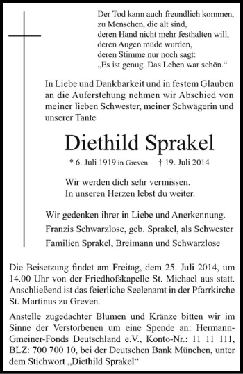 Todesanzeige von Diethild Sprakel von Westfälische Nachrichten