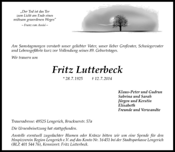 Todesanzeige von Fritz Lutterbeck von Westfälische Nachrichten