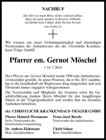 Todesanzeige von Gernot Möschel von Westfälische Nachrichten