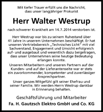 Todesanzeige von Walter Westrup von Westfälische Nachrichten