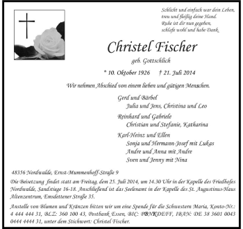 Todesanzeige von Christel Fischer von Westfälische Nachrichten