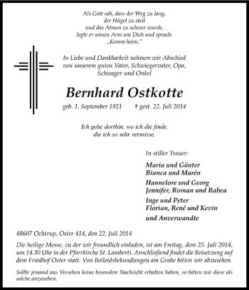 Todesanzeige von Bernhard Ostkotte von Westfälische Nachrichten