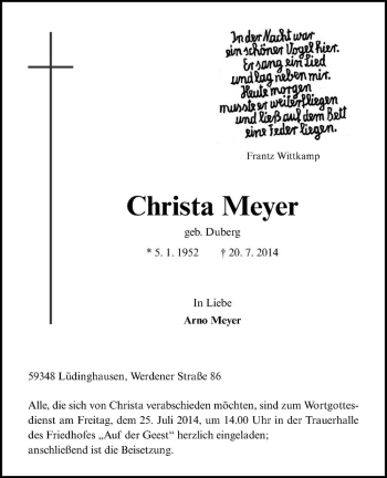 Todesanzeige von Christa Meyer von Westfälische Nachrichten