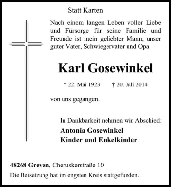 Todesanzeige von Karl Gosewinkel von Westfälische Nachrichten