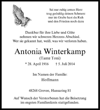 Todesanzeige von Antonia Winterkamp von Westfälische Nachrichten