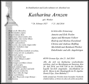 Todesanzeige von Katharina Arnzen von Westfälische Nachrichten