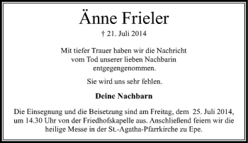 Todesanzeige von Änne Frieler von Westfälische Nachrichten