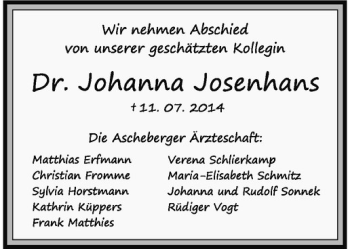 Todesanzeige von Johanna Josenhans von Westfälische Nachrichten