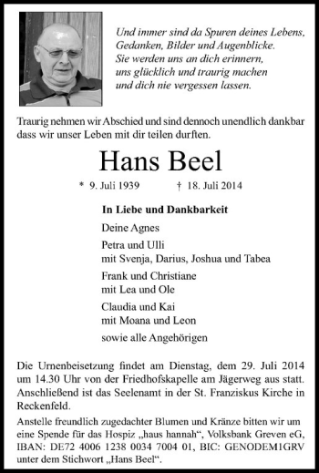 Todesanzeige von Hans Beel von Westfälische Nachrichten