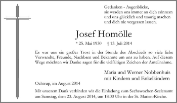 Todesanzeige von Josef Homölle von Westfälische Nachrichten