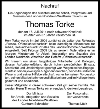 Todesanzeige von Thomas Torke von Westfälische Nachrichten