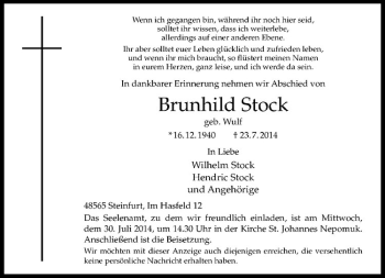 Todesanzeige von Brunhild Stock von Westfälische Nachrichten