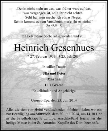 Todesanzeige von Heinrich Gesenhues von Westfälische Nachrichten