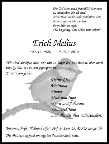 Todesanzeige von Erich Melius von Westfälische Nachrichten