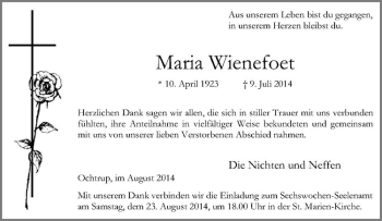 Todesanzeige von Maria Wienefoet von Westfälische Nachrichten