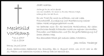 Todesanzeige von Mechthild Vortkamp von Westfälische Nachrichten