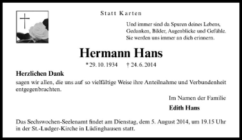 Todesanzeige von Hermann Hans von Westfälische Nachrichten