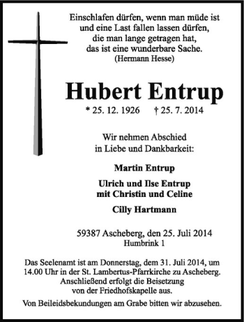 Todesanzeige von Hubert Entrup von Westfälische Nachrichten