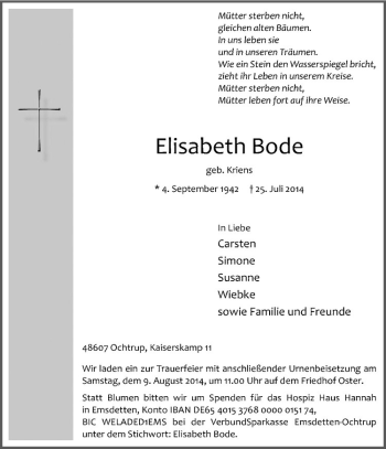 Todesanzeige von Elisabeth Bode von Westfälische Nachrichten