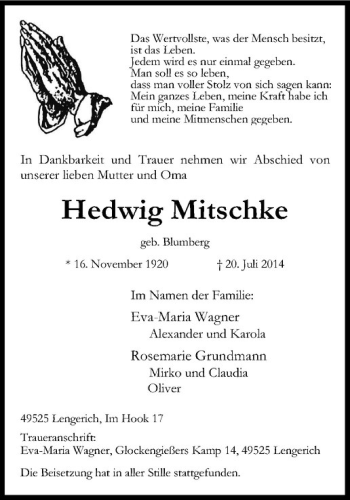 Todesanzeige von Hedwig Mitschke von Westfälische Nachrichten
