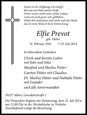Todesanzeige von Elfie Prevot von Westfälische Nachrichten