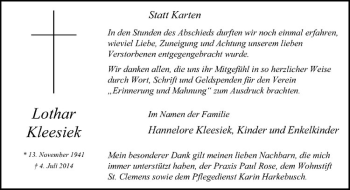 Todesanzeige von Lothar Kleesiek von Westfälische Nachrichten