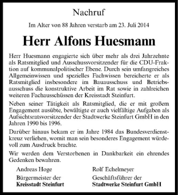 Todesanzeige von Alfons Huesmann von Westfälische Nachrichten