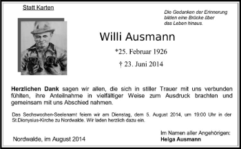 Todesanzeige von Willi Ausmann von Westfälische Nachrichten