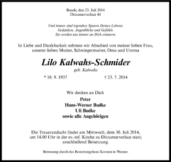 Todesanzeige von Lilo Kalwahs-Schmider von Westfälische Nachrichten