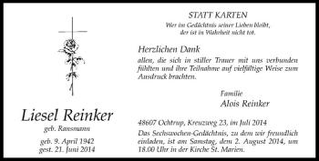 Todesanzeige von Liesel Reinker von Westfälische Nachrichten