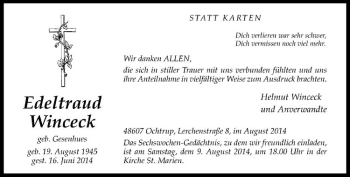 Todesanzeige von Edeltraud Winceck von Westfälische Nachrichten