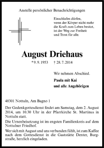 Todesanzeige von August Driehaus von Westfälische Nachrichten