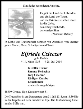 Todesanzeige von Elfriede Czieczor von Westfälische Nachrichten