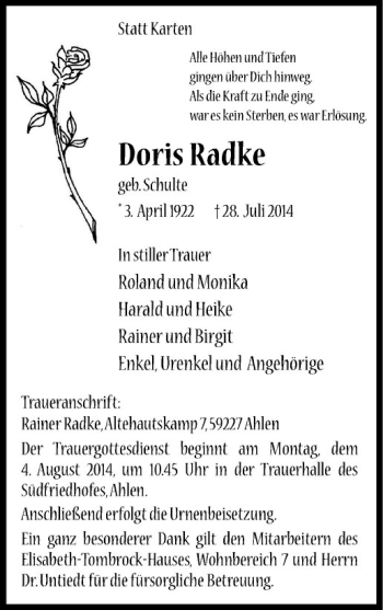 Todesanzeige von Doris Radke von Westfälische Nachrichten